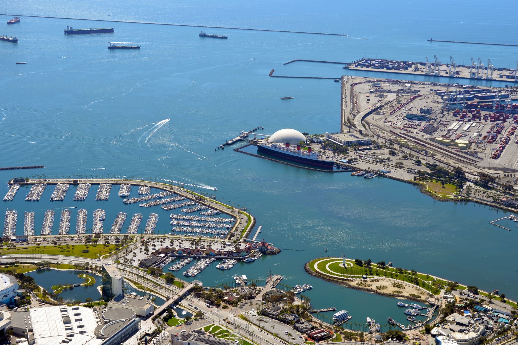 Aerial view of a container port